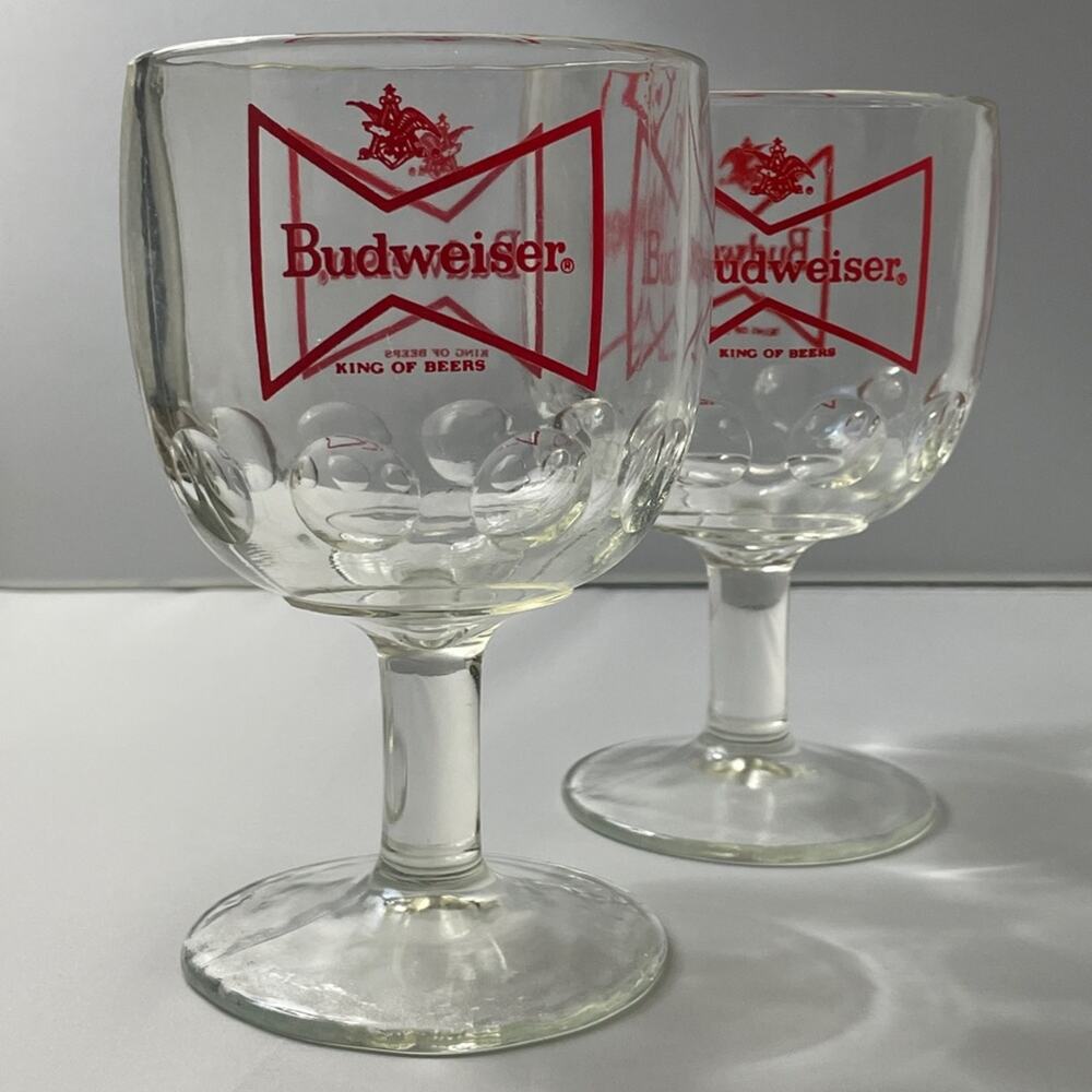 2 Vintage Budweiser Beer Goblets w/‎ Thumbprint Red Logo 6" Tall